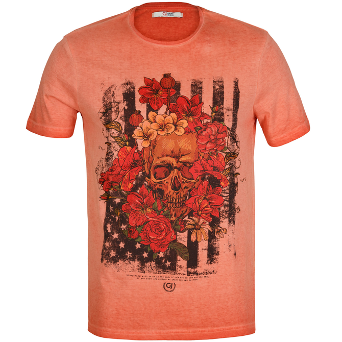 Slim Fit Skull & Flowers Print T-Shirt