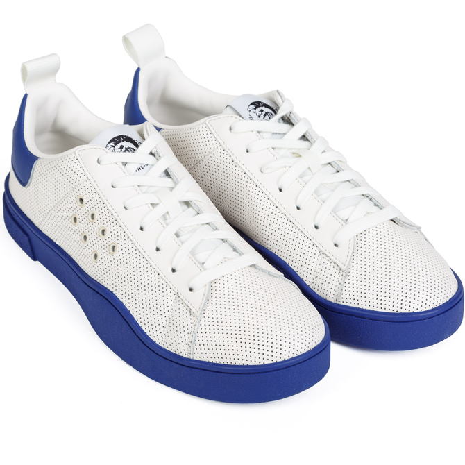 Clever White & Blue Punched Leather Sneakers
