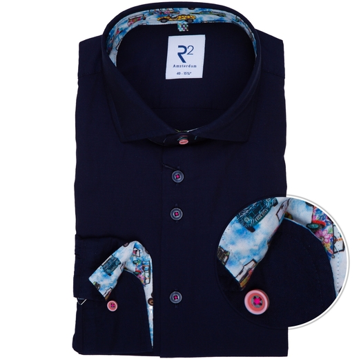 Navy Luxury Cotton Twill Casual Shirt With Jeep Print Trim-new online-Fifth Avenue Menswear