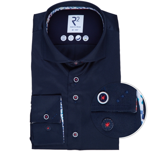 Navy Luxury Cotton Twill Dress Shirt With Geometric Print Trim-new online-Fifth Avenue Menswear