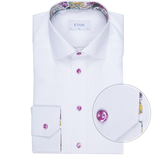 Slim Fit Luxury Cotton Twill Dress Shirt With Floral Trim And Pink Buttons-new online-Fifth Avenue Menswear