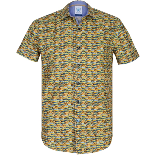 Yellow Fish Print Stretch Cotton Casual Shirt-on sale-Fifth Avenue Menswear