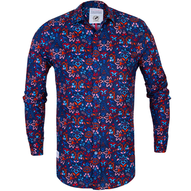 Flower Embroidery Print Stretch Cotton Shirt