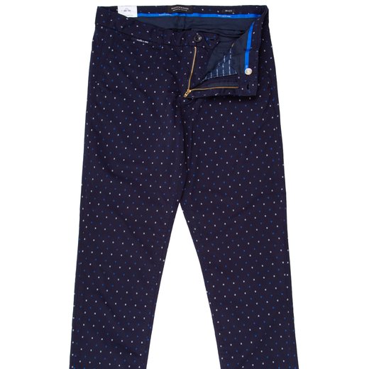 Mott Slim Navy Dot Print Stretch Cotton Chino-on sale-Fifth Avenue Menswear