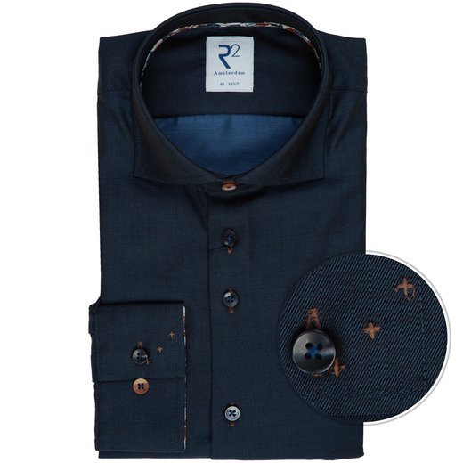 Luxury Navy Cotton Twill Dress Shirt With Floral Trim-on sale-Fifth Avenue Menswear
