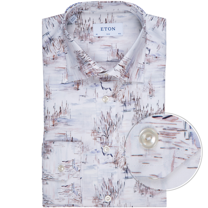 Slim Fit Luxury Cotton Crane Print Dress Shirt
