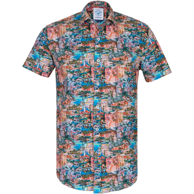 Italy Landscape Print Stretch Cotton Casual Shirt