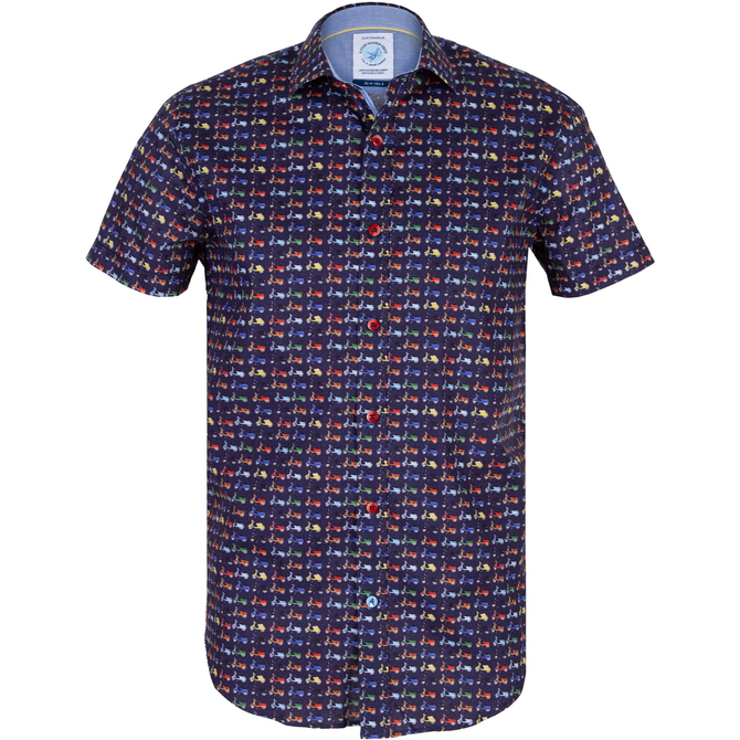 Navy Scooters Print Stretch Cotton Casual Shirt