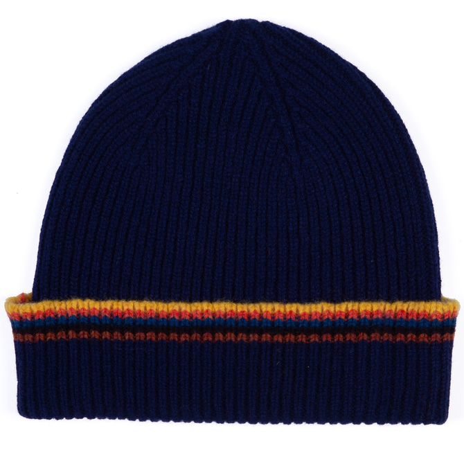 Navy Wool Beanie With Artist Stripe Trim