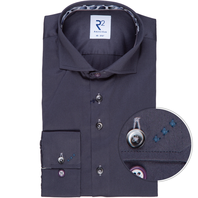 Anthracite Luxury Cotton Twill Dress Shirt With Geometric Print Trim