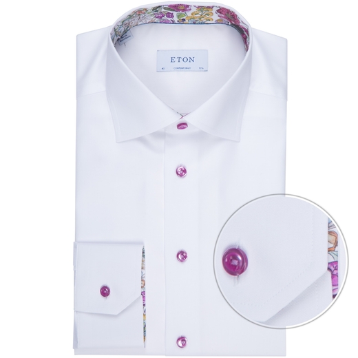 Contemporary Fit Luxury Cotton Twill Dress Shirt With Floral Trim And Pink Buttons-new online-Fifth Avenue Menswear