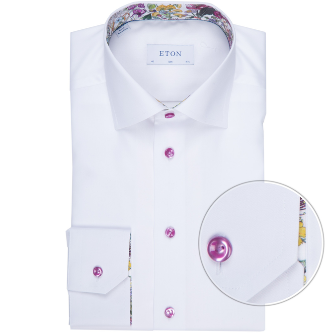 Slim Fit Luxury Cotton Twill Dress Shirt With Floral Trim And Pink Buttons
