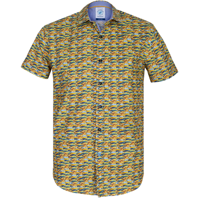 Yellow Fish Print Stretch Cotton Casual Shirt