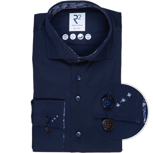 Luxury Cotton Twill Navy Dress Shirt With Paisley Print Trim-new online-Fifth Avenue Menswear