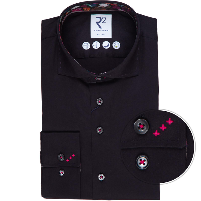 Luxury Black Cotton Twill Dress Shirt With Floral Trim