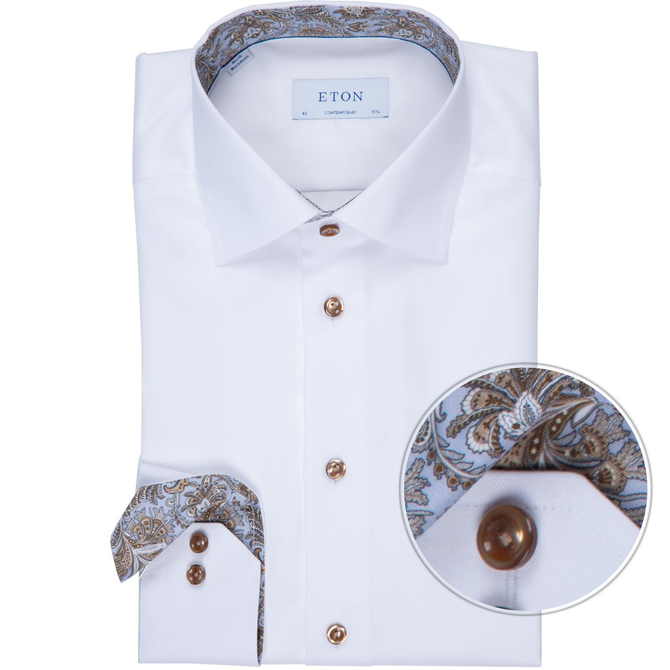 Contemporary Fit Luxury Cotton Twill Dress Shirt With Paisley Print Trim