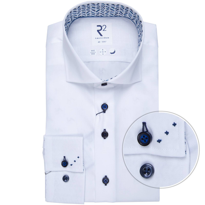 White Non Iron Cotton Twill Dress Shirt With Geometric Print Trim