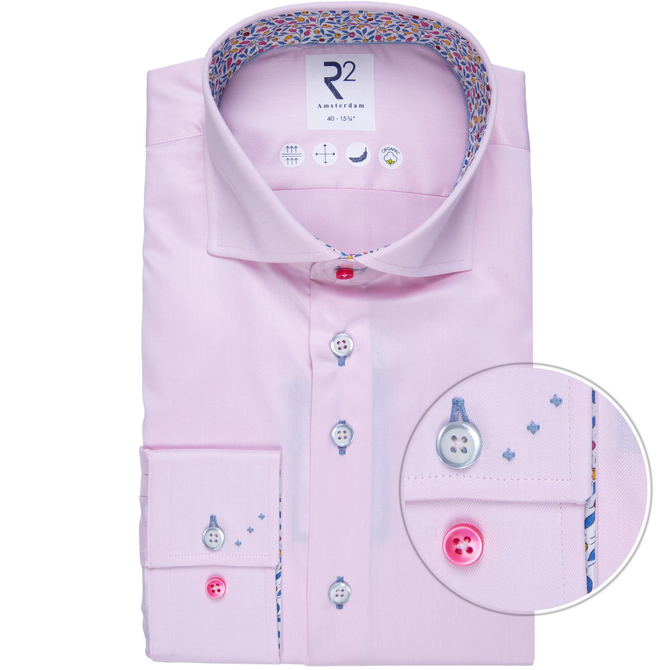 Pink 2-Ply Cotton Twill Dress Shirt With Floral Print Trim