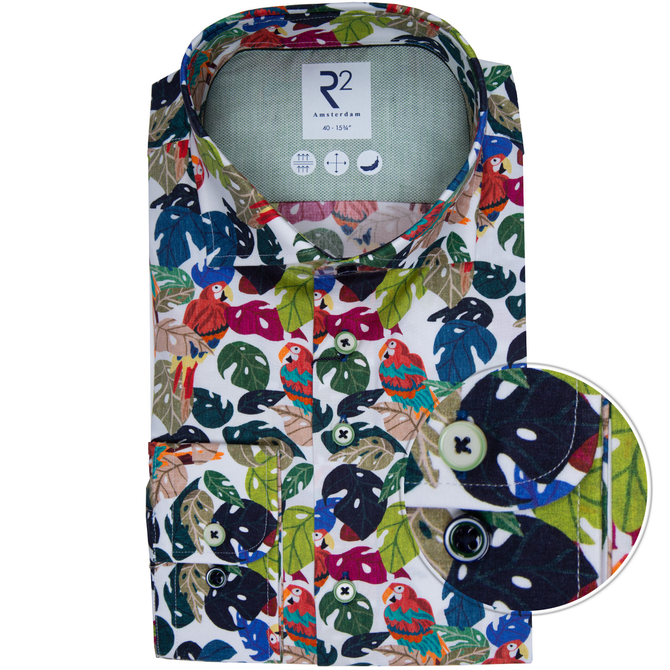 Floral Leaf & Parrot Print Stretch Cotton Shirt