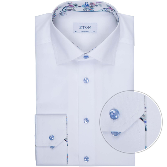 Contemporary Fit Luxury Cotton Twill Dress Shirt With Floral Print Trim