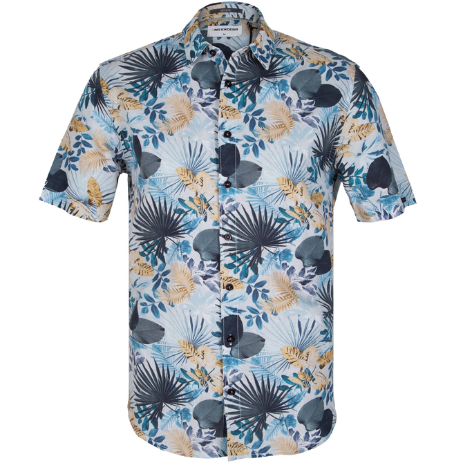 Tropical Print Cotton & Linen Blend Short Sleeve Casual Shirt