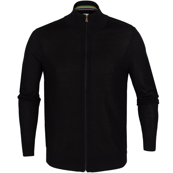 Merino Wool Zip-Up Cardigan With Stripe Detail