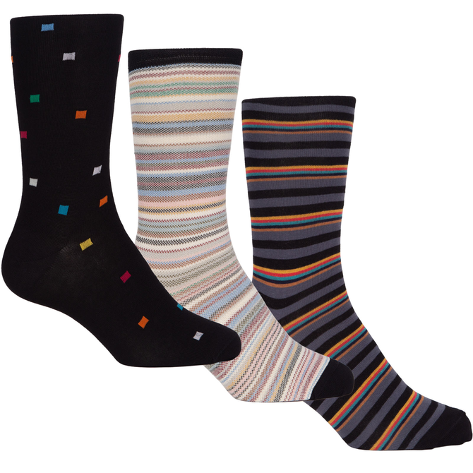 3 Pack Multi Squares & Stripes Cotton Socks